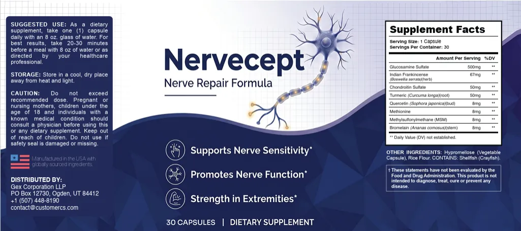 Nervecept supplement facts label showing glucosamine sulfate, boswellia, chondroitin, turmeric, quercetin, methionine, MSM and bromelain